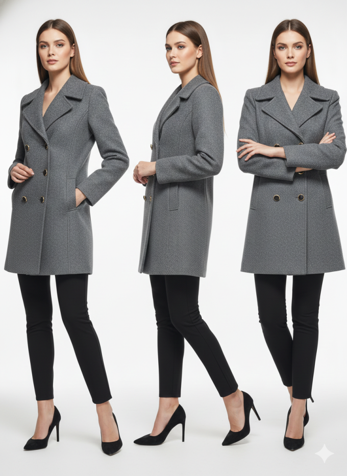 Double Breasted Grey Woolen Coat - Image 2